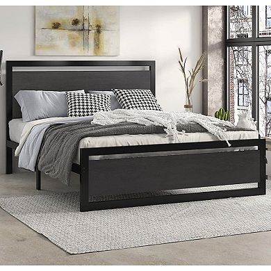 Full Black Metal Platform Bed Frame With Wood Panel Headboard And Footboard