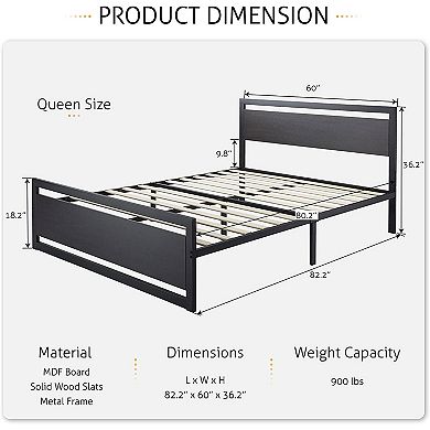 Full Black Metal Platform Bed Frame With Wood Panel Headboard And Footboard