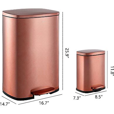 2-Piece Rectangular Step Trash Can Set with Pedal and Removable Liners, Copper Rose Gold Finish