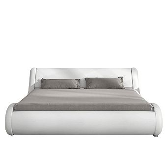 Queen Modern White Faux Leather Upholstered Platform Bed Frame With Headboard