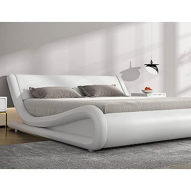 Queen Modern White Faux Leather Upholstered Platform Bed Frame With Headboard