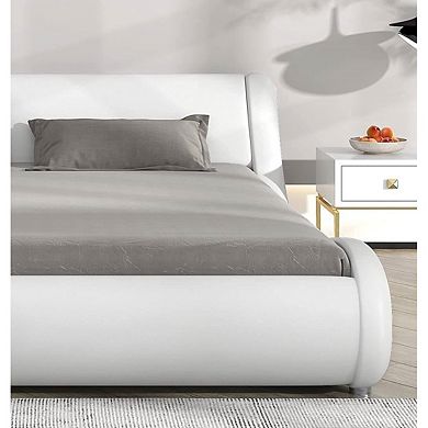Queen Modern White Faux Leather Upholstered Platform Bed Frame With Headboard