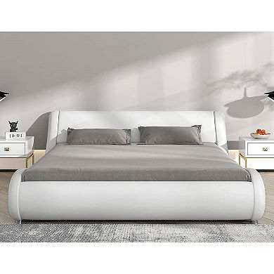 Queen Modern White Faux Leather Upholstered Platform Bed Frame With Headboard