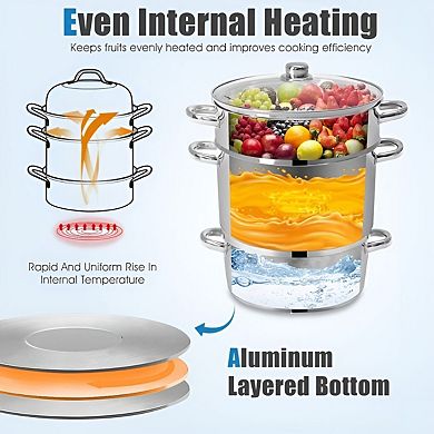 Stainless Steel 3-Pot Juicer and Steamer 11-Quart Set for Steaming and Extracting Juice Silver