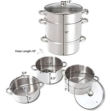 Stainless Steel 3-Pot Juicer and Steamer 11-Quart Set for Steaming and Extracting Juice Silver
