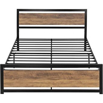 Queen Metal Platform Bed Frame With Brown Wood Panel Headboard And Footboard