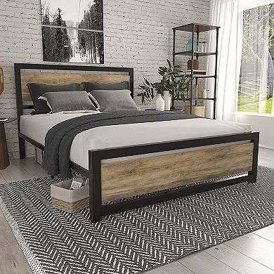 Queen Metal Platform Bed Frame With Brown Wood Panel Headboard And Footboard