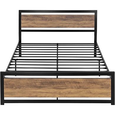 Queen Metal Platform Bed Frame With Brown Wood Panel Headboard And Footboard