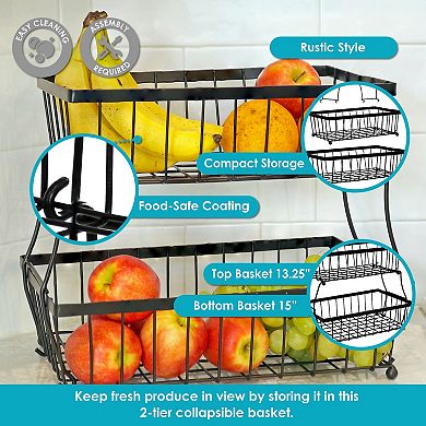 Sunnydaze 2-tier Metal Wire Collapsible Tabletop Storage Basket - Black
