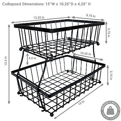 Sunnydaze 2-tier Metal Wire Collapsible Tabletop Storage Basket - Black