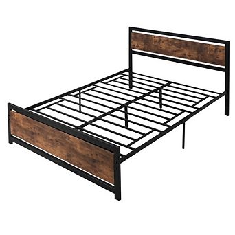 Queen Size Farmhouse Metal Wood Platform Bed Headboard Footboard