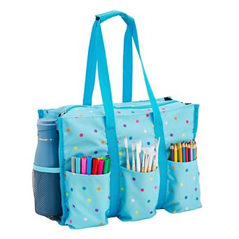 Rectangle Utility Tote With Zipper Top And 6 Pockets, 14.5x10.5x6 in Blue