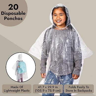 Juvale 20-pack Disposable Rain Ponchos For Kids - Emergency Raincoats With Hood