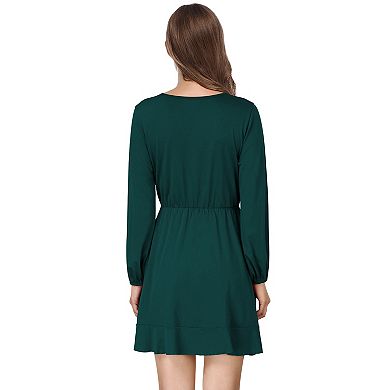 Women's V Neck Long Sleeve Wrap Dresses Ruffle A-Line Tunic Party Mini Dress