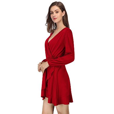 Women's V Neck Long Sleeve Wrap Dresses Ruffle A-Line Tunic Party Mini Dress