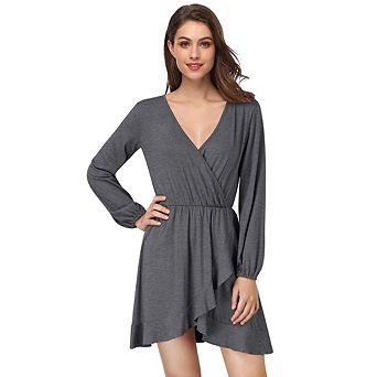Women's V Neck Long Sleeve Wrap Dresses Ruffle A-Line Tunic Party Mini Dress