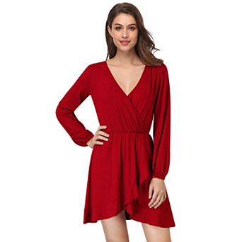 Women's V Neck Long Sleeve Wrap Dresses Ruffle A-Line Tunic Party Mini Dress
