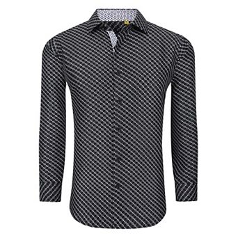 Azaro Uomo Men Slim Fit Four-way Stretch Geometric Long Sleeve Button Down