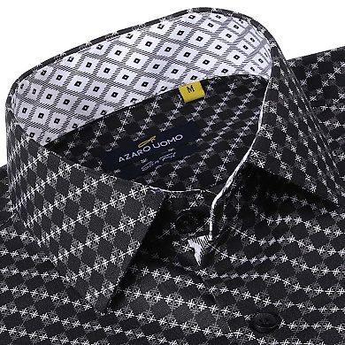 Azaro Uomo Men Slim Fit Four-way Stretch Geometric Long Sleeve Button Down