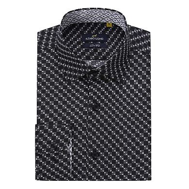Azaro Uomo Men Slim Fit Four-way Stretch Geometric Long Sleeve Button Down