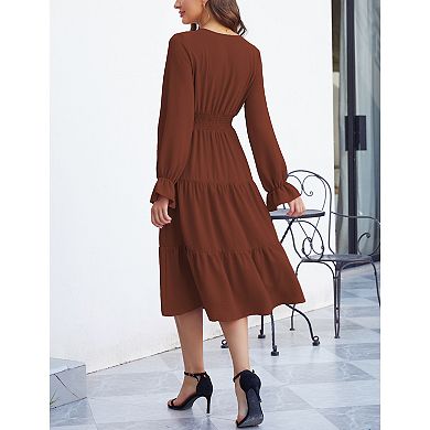 Women's Casual Wrap V Neck Midi Dress Long Sleeve Smocked Waist Tiered A Line Pleated Flowy Dresses