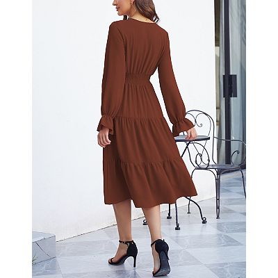 Women's Casual Wrap V Neck Midi Dress Long Sleeve Smocked Waist Tiered A  Line Pleated Flowy Dresses