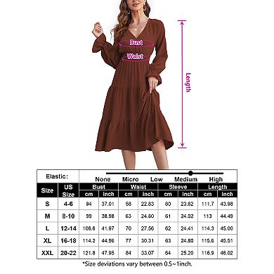 Women's Casual Wrap V Neck Midi Dress Long Sleeve Smocked Waist Tiered A Line Pleated Flowy Dresses