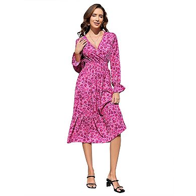 Women's Casual Wrap V Neck Midi Dress Long Sleeve Smocked Waist Tiered A Line Pleated Flowy Dresses