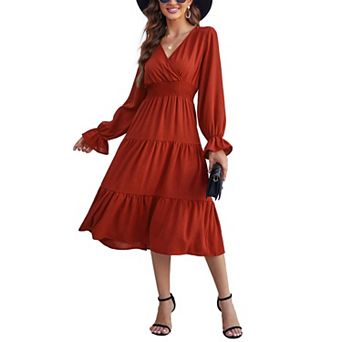 Women's Casual Wrap V Neck Midi Dress Long Sleeve Smocked Waist Tiered A Line Pleated Flowy Dresses