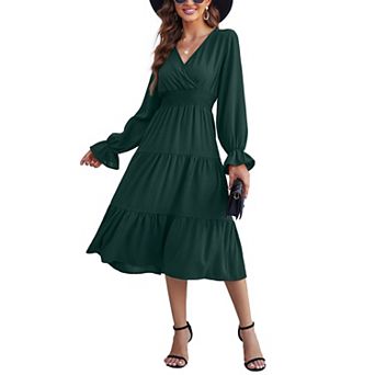 Women's Casual Wrap V Neck Midi Dress Long Sleeve Smocked Waist Tiered A Line Pleated Flowy Dresses