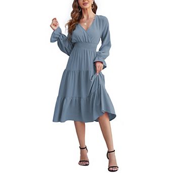 Women's Casual Wrap V Neck Midi Dress Long Sleeve Smocked Waist Tiered A Line Pleated Flowy Dresses