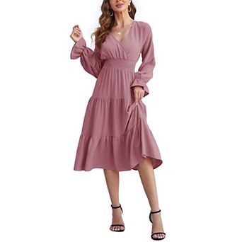Women's Casual Wrap V Neck Midi Dress Long Sleeve Smocked Waist Tiered A Line Pleated Flowy Dresses