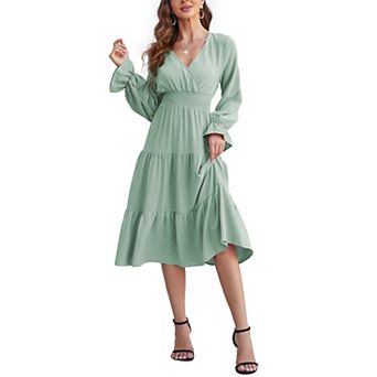 Women's Casual Wrap V Neck Midi Dress Long Sleeve Smocked Waist Tiered A Line Pleated Flowy Dresses