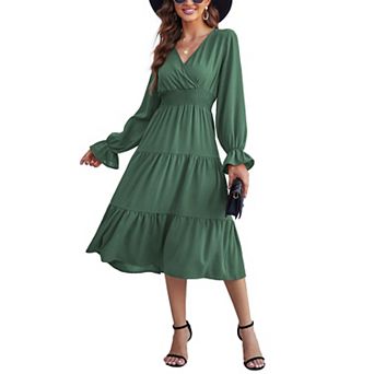 Women's Casual Wrap V Neck Midi Dress Long Sleeve Smocked Waist Tiered A Line Pleated Flowy Dresses
