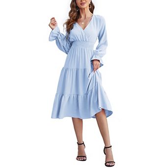 Women's Casual Wrap V Neck Midi Dress Long Sleeve Smocked Waist Tiered A Line Pleated Flowy Dresses