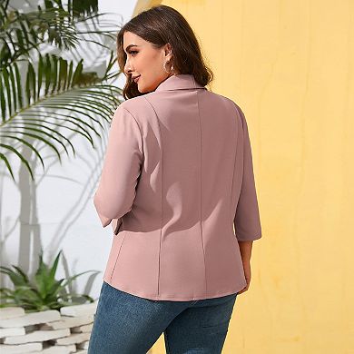 Womens Plus Size Casual Pocketed Blazer Office Open Front 3/4 Sleeve Cardigans Jacket Work Suit