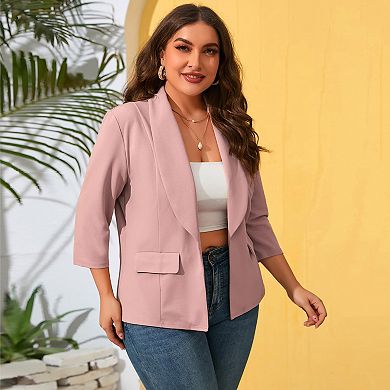 Womens Plus Size Casual Pocketed Blazer Office Open Front 3/4 Sleeve Cardigans Jacket Work Suit