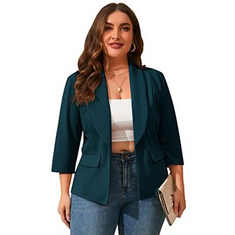 Womens Plus Size Casual Pocketed Blazer Office Open Front 3/4 Sleeve Cardigans Jacket Work Suit