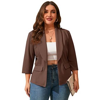 Womens Plus Size Casual Pocketed Blazer Office Open Front 3/4 Sleeve Cardigans Jacket Work Suit