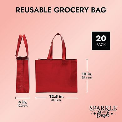 20x Reusable Grocery Shopping Tote Bags With Handles, Glossy Red 12.6 X 10 Inch