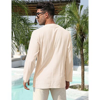 Men's Cotton Linen Henley Shirt Lace Up Long Sleeve V Neck Casual Beach  Hippie Shirts