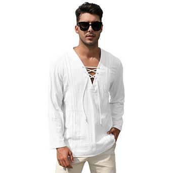 Men's Cotton Linen Henley Shirt Lace Up Long Sleeve V Neck Casual Beach Hippie Shirts