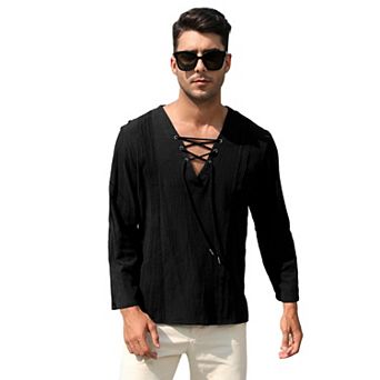Men's Cotton Linen Henley Shirt Lace Up Long Sleeve V Neck Casual Beach Hippie Shirts
