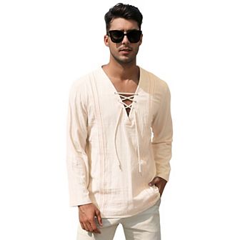 Men's Cotton Linen Henley Shirt Lace Up Long Sleeve V Neck Casual Beach Hippie Shirts
