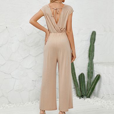 Womens Jumpsuits Front Knot Crewneck Romper Backless Cap Sleeve