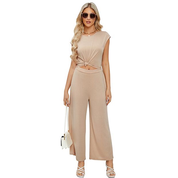 Womens Jumpsuits Front Knot Crewneck Romper Backless Cap Sleeve