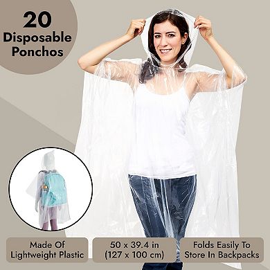 20 Pack Disposable Rain Ponchos For Adults, Plastic Emergency Ponchos With Hood
