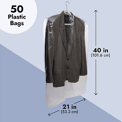 50 Pack Clear Plastic Garment Bags For Hanging Clothes, Dry Cleaning, 21 X 40 In