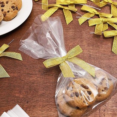 100-pack Twist Tie Bows, Metallic Gold Pre-tied Satin Ribbon, 2.5x3 In