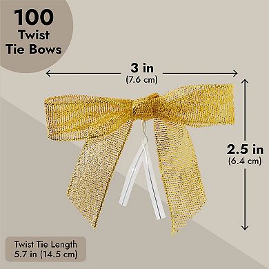 100-pack Twist Tie Bows, Metallic Gold Pre-tied Satin Ribbon, 2.5x3 In
